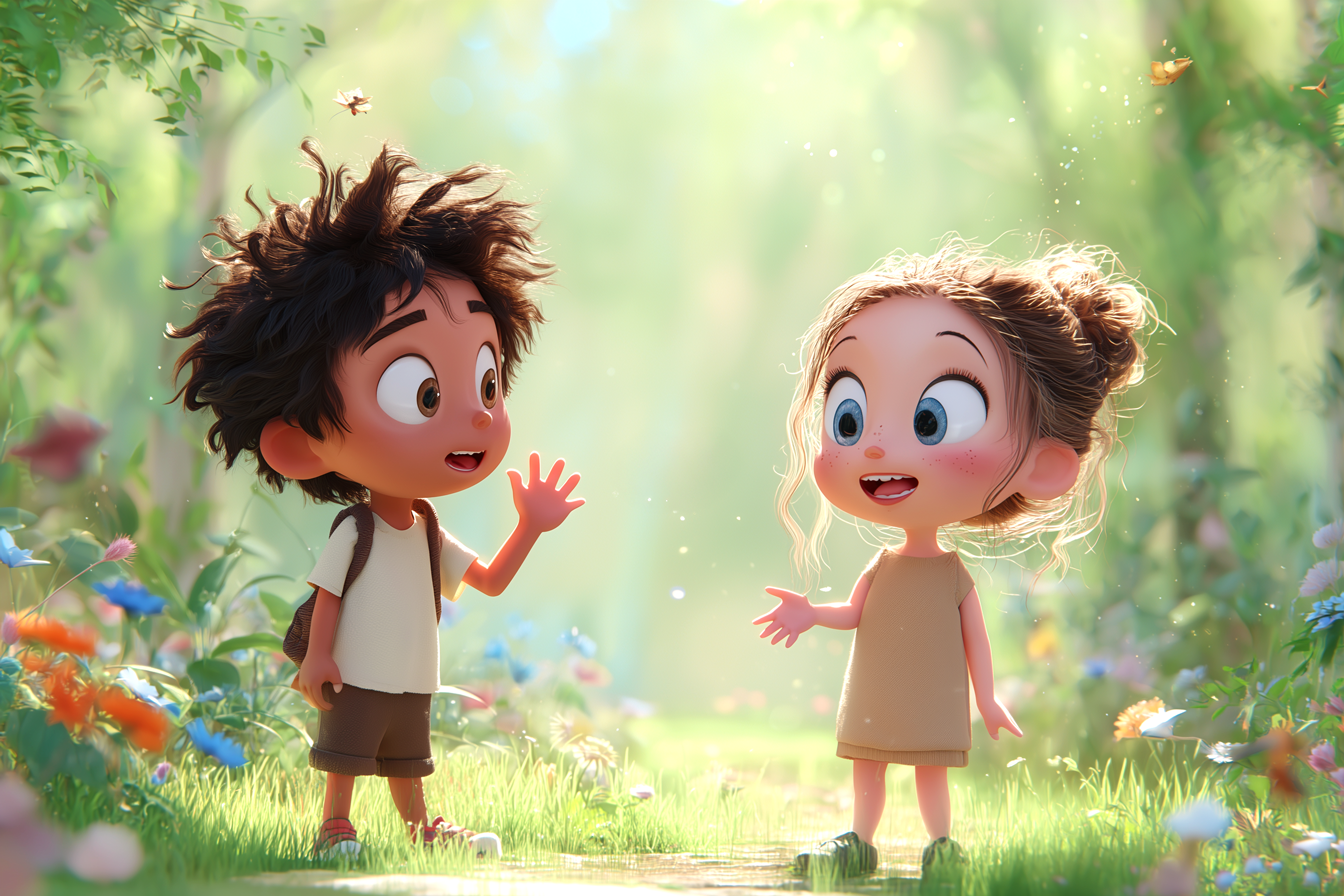 Un enfant rencontre un autre enfant qu'il ne connaît pas en lui faisant coucou avec la main en souriant.