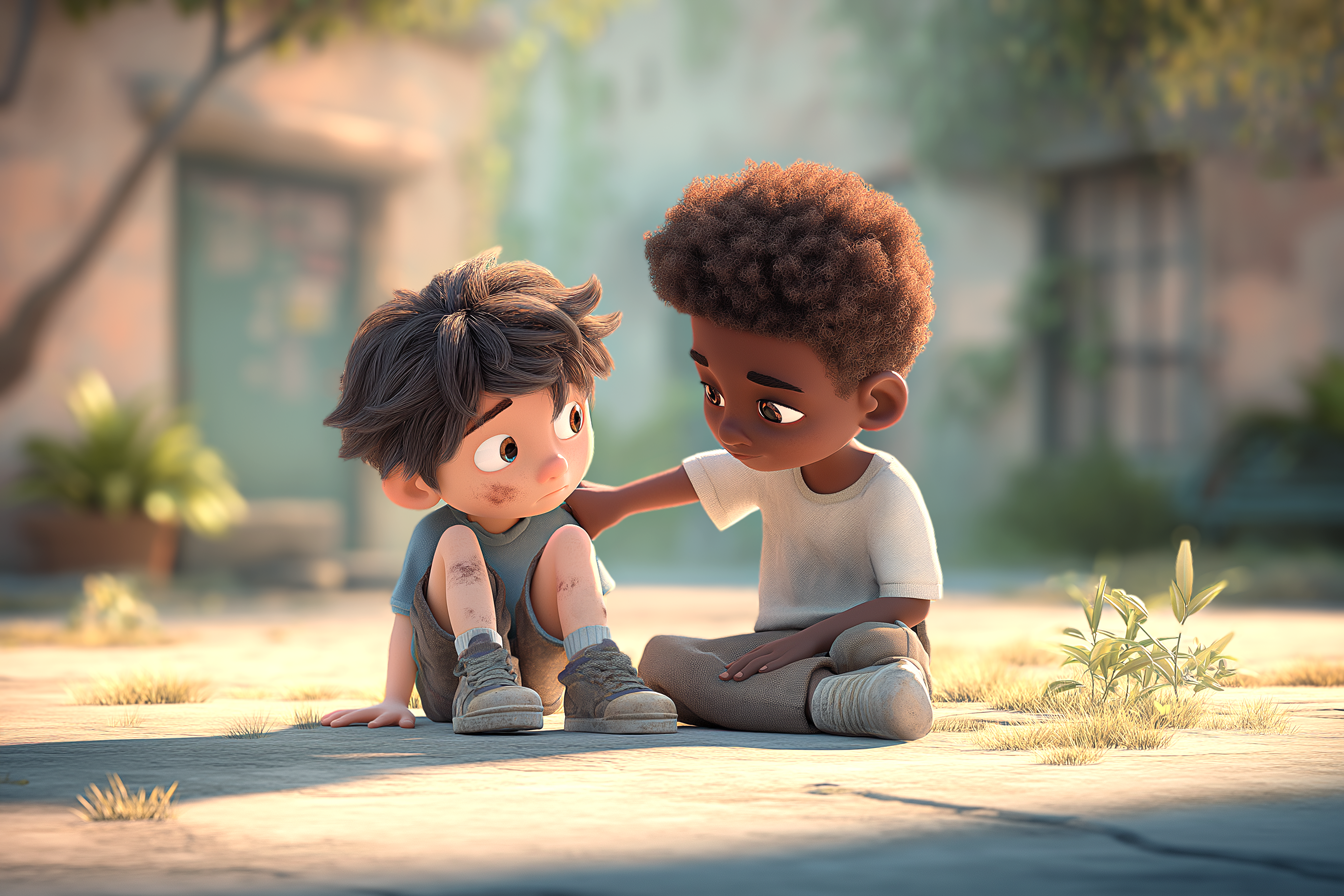 un enfant réconforte un autre enfant triste