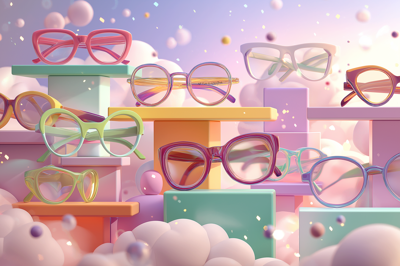 il y a plein de lunettes de style, de forme et de couleurs différents.