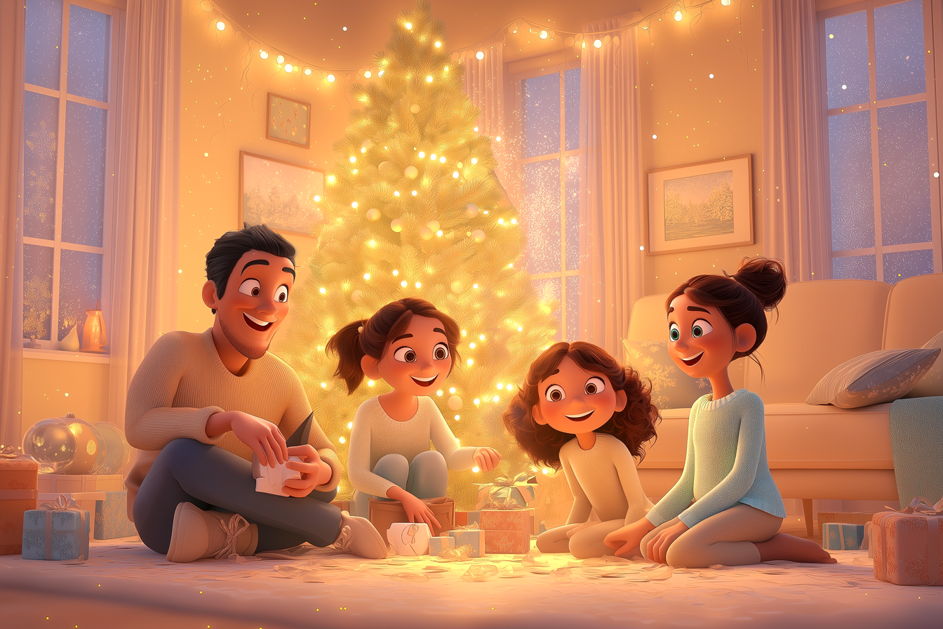 Une famille est réunie autour du sapin de Noël et rit en se racontant des blagues.