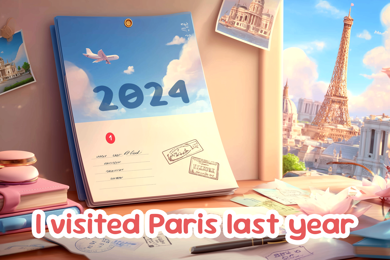 Illustration de la phrase au Past simple: I visited Paris last year (moment précis du passé)