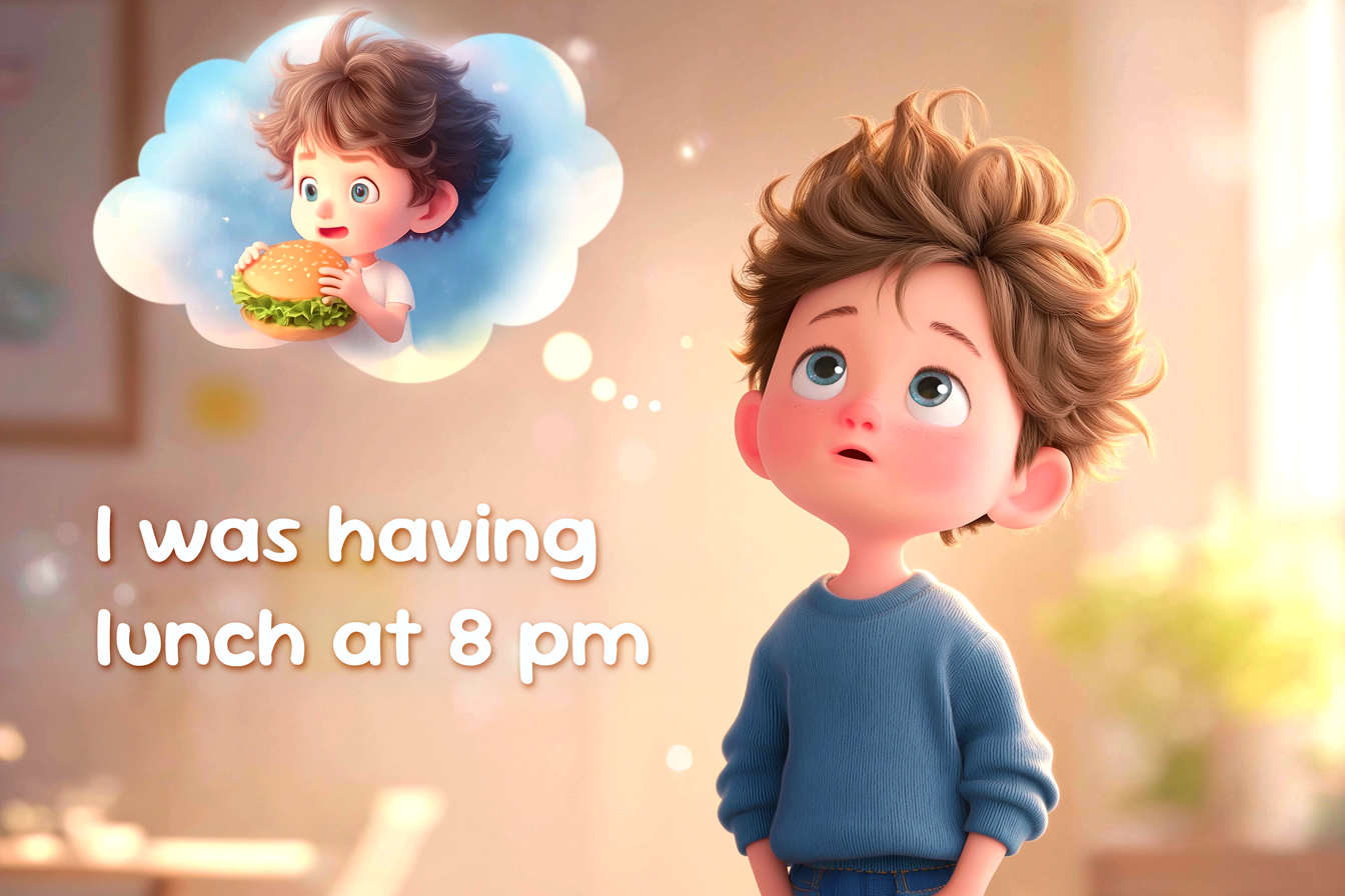 Illustration de la phrase au Past continuous: I was having lunch at 8 pm ( parler d'une action en cours dans le passé)