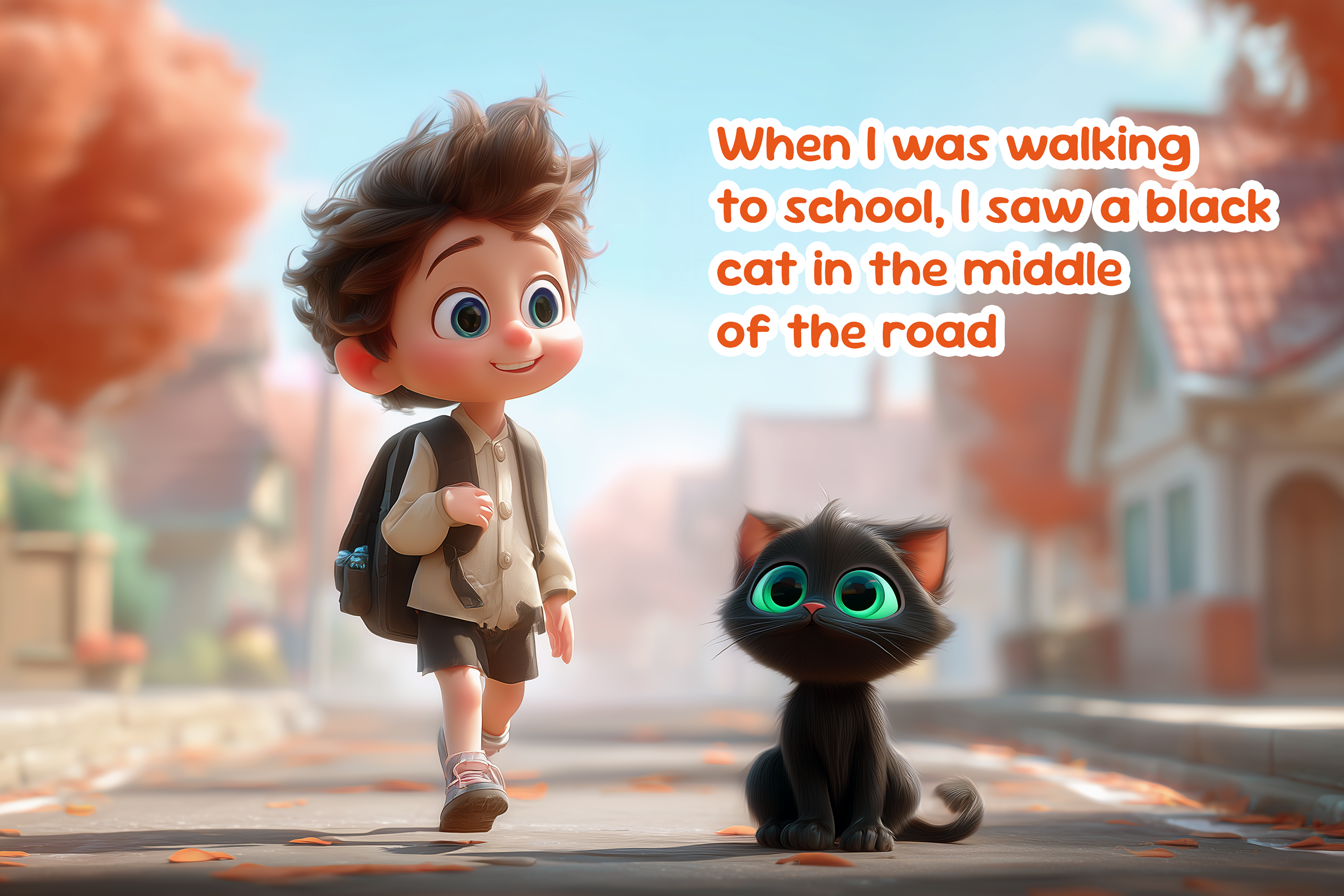 Illustration de la phrase au Past continuous: When I was walking to school, I saw a black cat in the middle of the road.