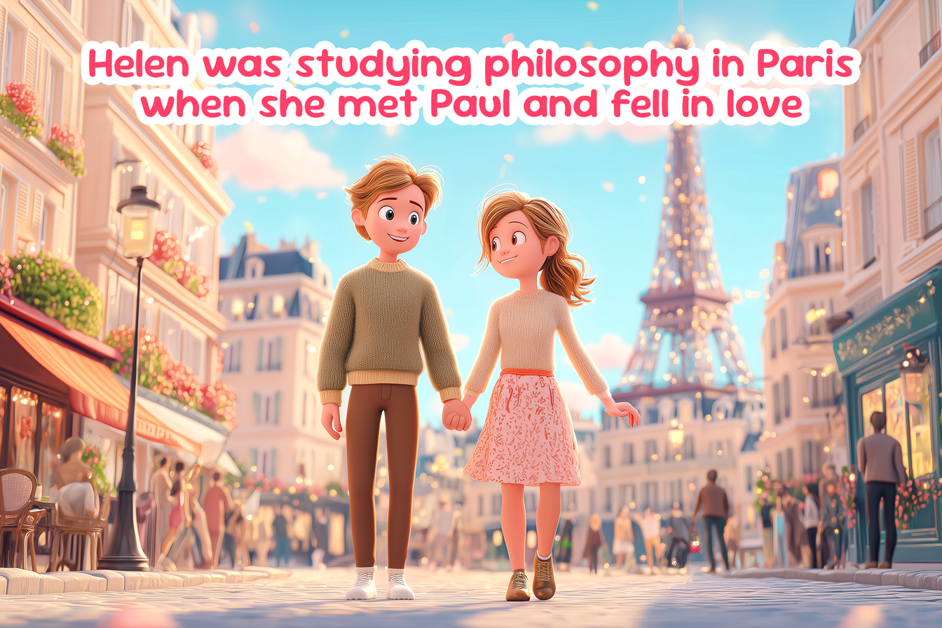 À Paris, un garçon et une fille marchent main dans la main avec la Tour Eiffel en arrière-plan. Illustration de la phrase au passé continu anglais : Helen étudiait la philosophie à Paris quand elle a rencontré Paul et est tombée amoureuse