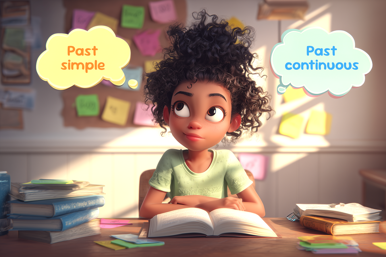 ne jeune fille est assise à son bureau à l'école. Au-dessus de sa tête, il y a deux bulles. Dans l'une, il est écrit « Past simple ? » et dans l'autre : « Past continuous ? »