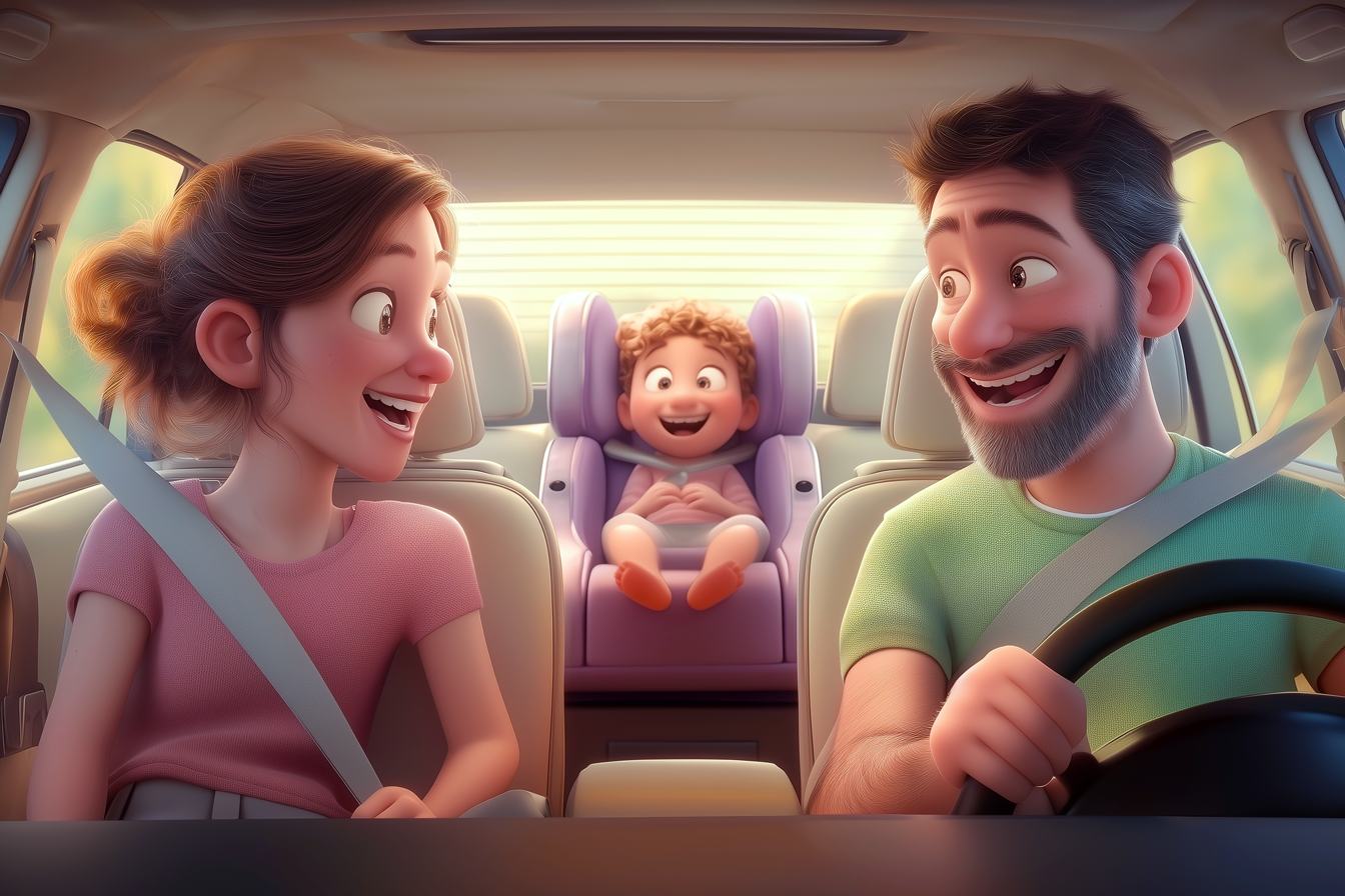 אמא ואבא יחד עם התינוק שלהם באוטו
