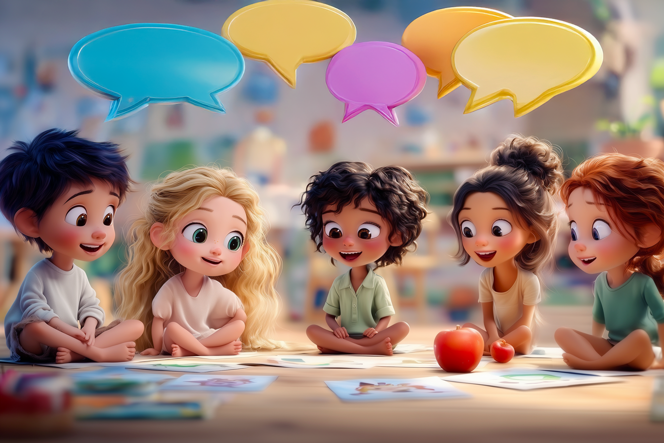 ילדים יושבים בקבוצה קטנה, מצביעים על כרטיסיות באנגלית ומשוחחים יחד