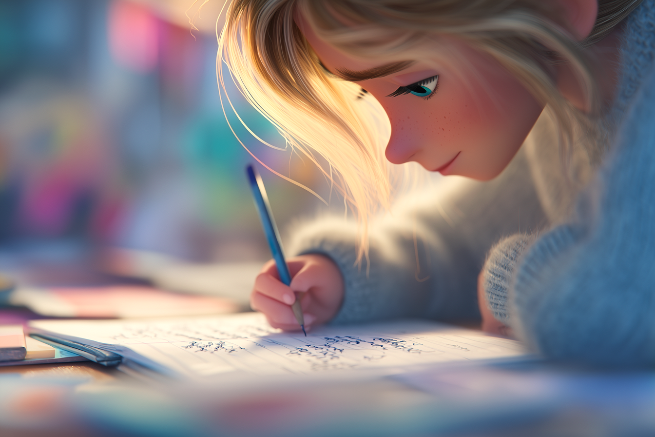 ילדה עושה שיעורי בית