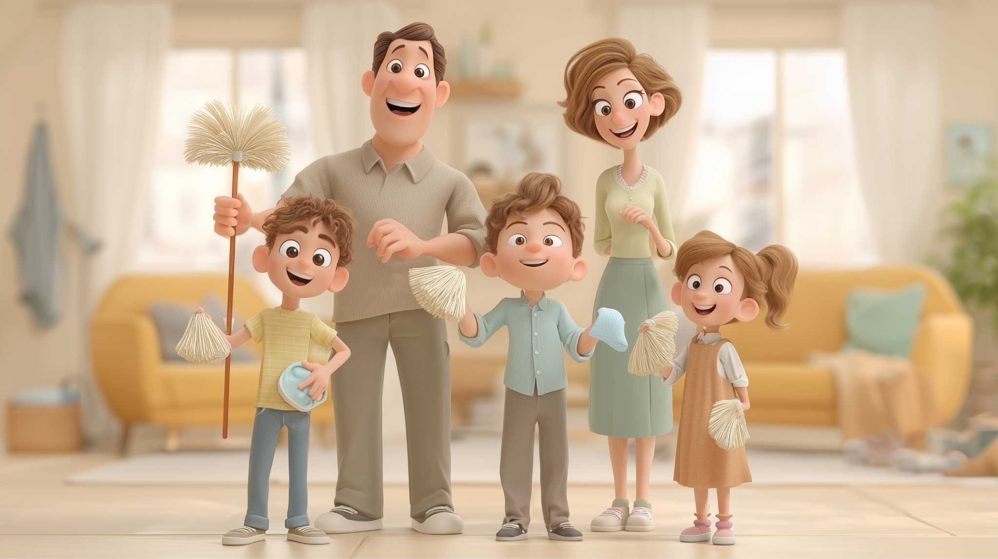 משפחה מאושרת מחייכת יחד בסלון נקי, כשהם מחזיקים מברשות נוצות ומטליות ניקוי