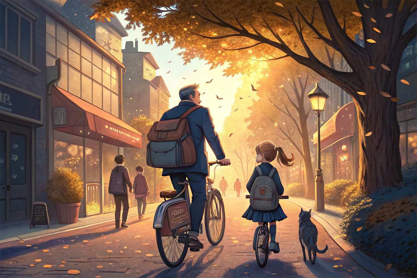 padre e bambina vanno a scuola in bicicletta