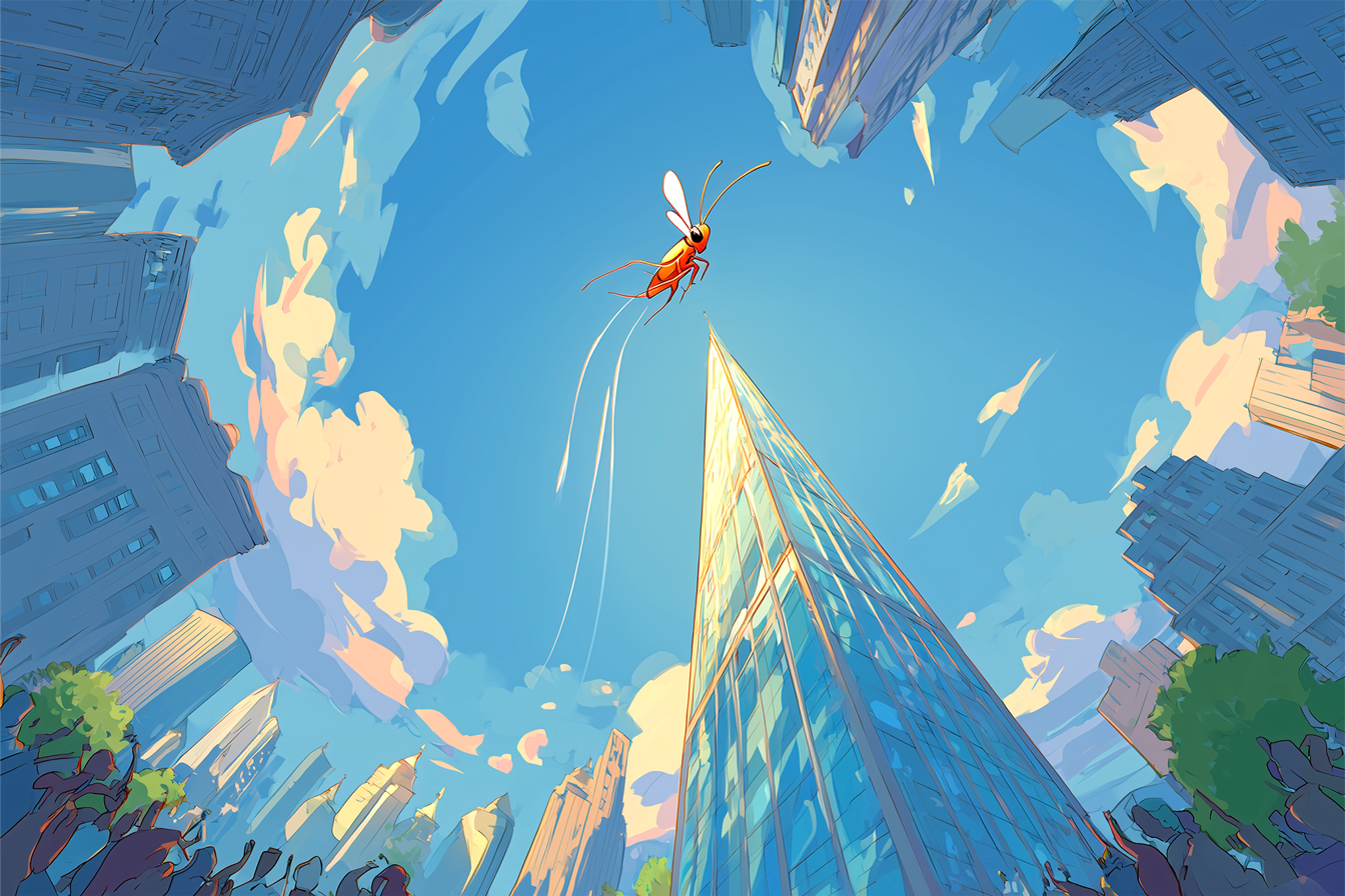 Illustrazione di un fatto strano: una pulce che fa un salto altissimo, fino a raggiungere la cima di un grattacielo