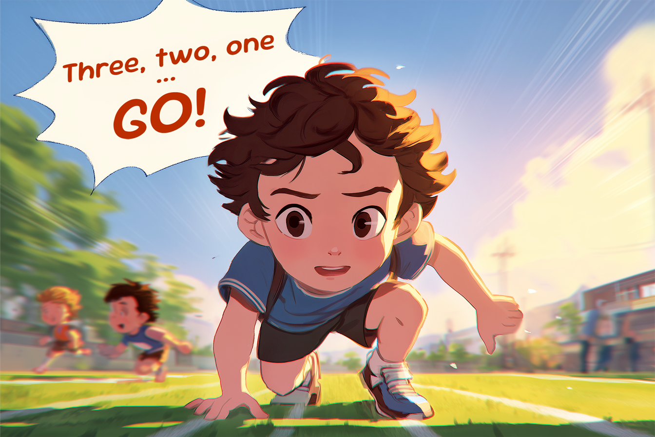 Un bambino è accovacciato sulla linea di partenza di una gara di corsa. Sopra di lui, come in un fumetto si legge la frase: Three, two, one... GO!