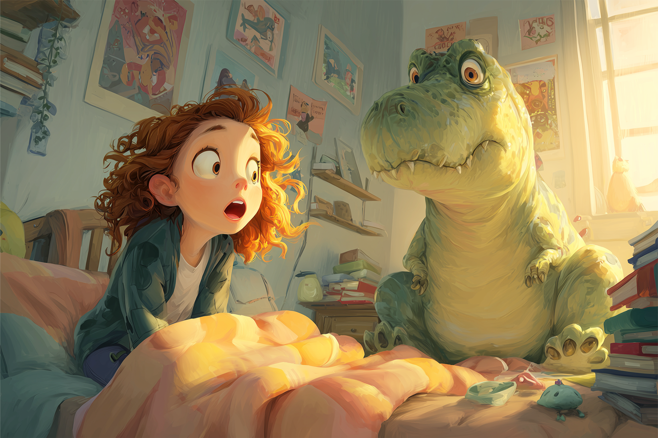 Una bambina di circa anni si risveglia nel suo letto e vede un grande dinosauro sorridente seduto a fianco del suo letto. Illustrazione del racconto più breve al mondo.