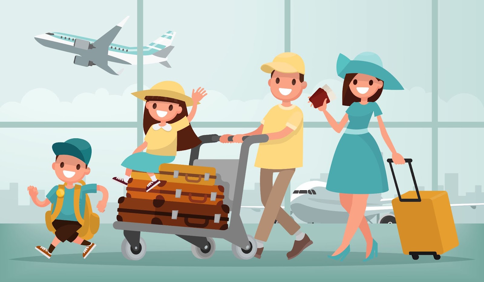 Viaggio in famiglia. Padre madre, figlio e figlia all'aeroporto. Illustrazione vettoriale in stile piatto