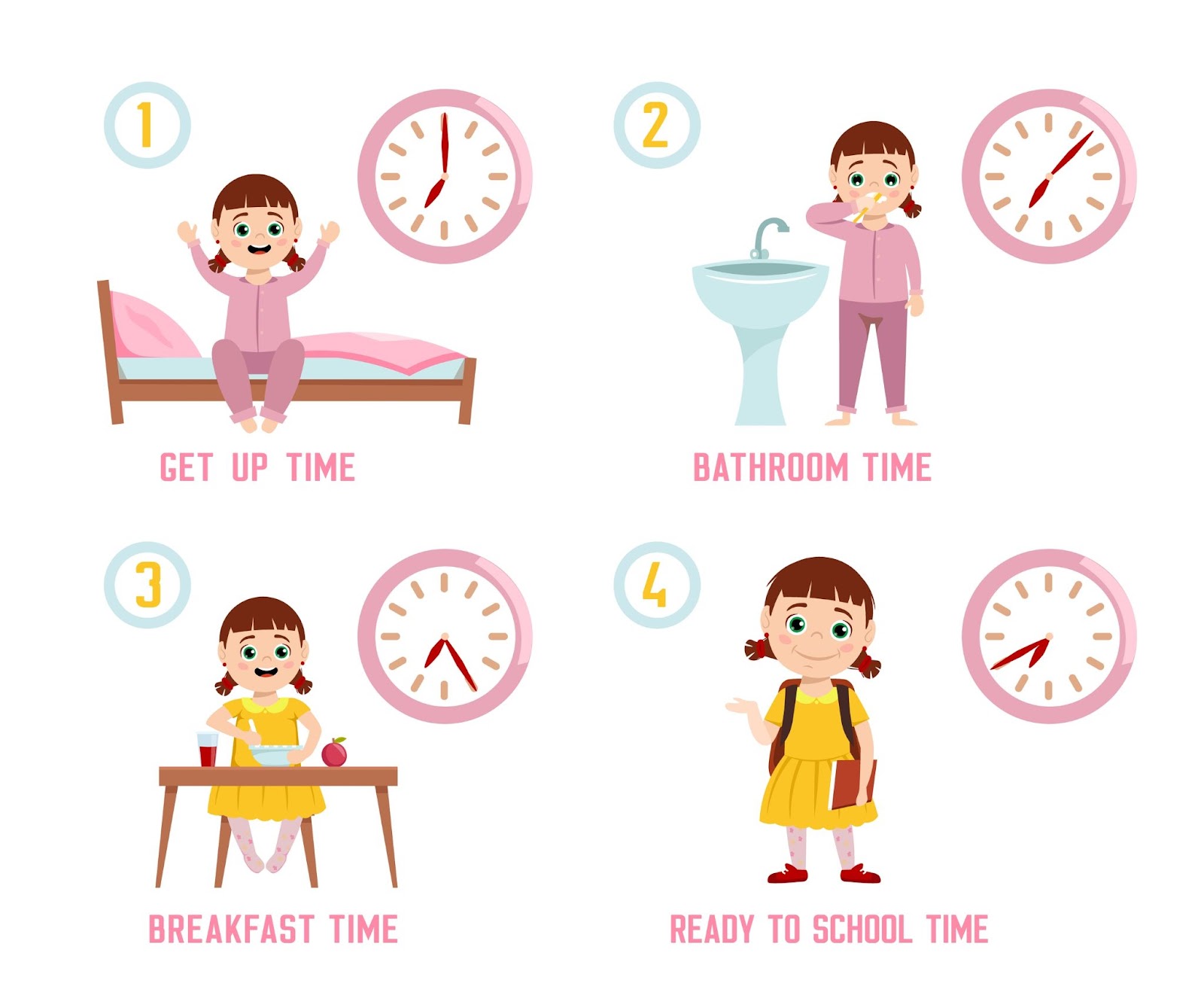 Ragazza routine mattutina. Personaggio divertente. Programma giornaliero.