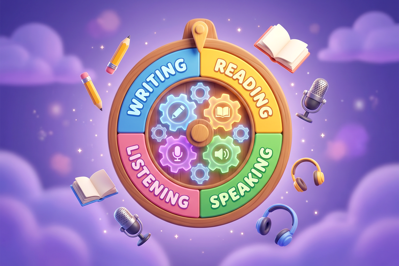 Una ruota delle competenze valutate ai Cambridge Exams pr bambini: Writing, Reading, Speaking Listening