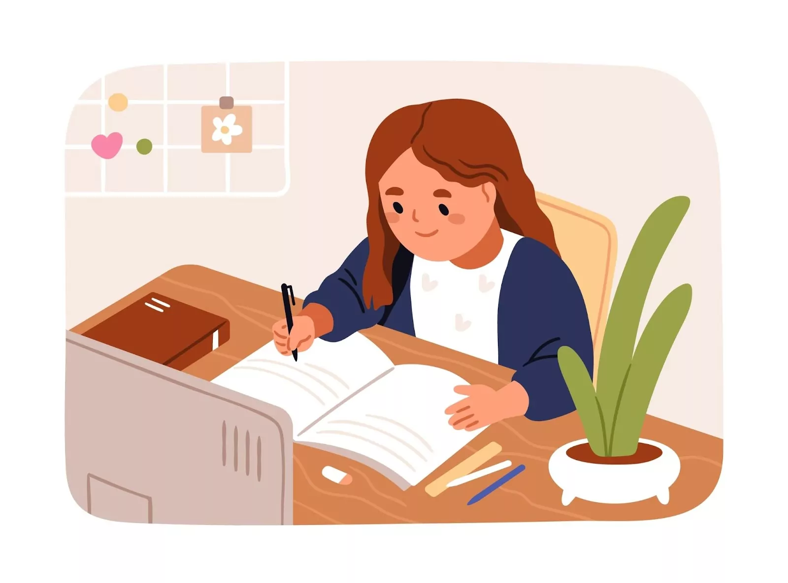 zione di una bambina che scrive la scaletta per il suo tema di scuola