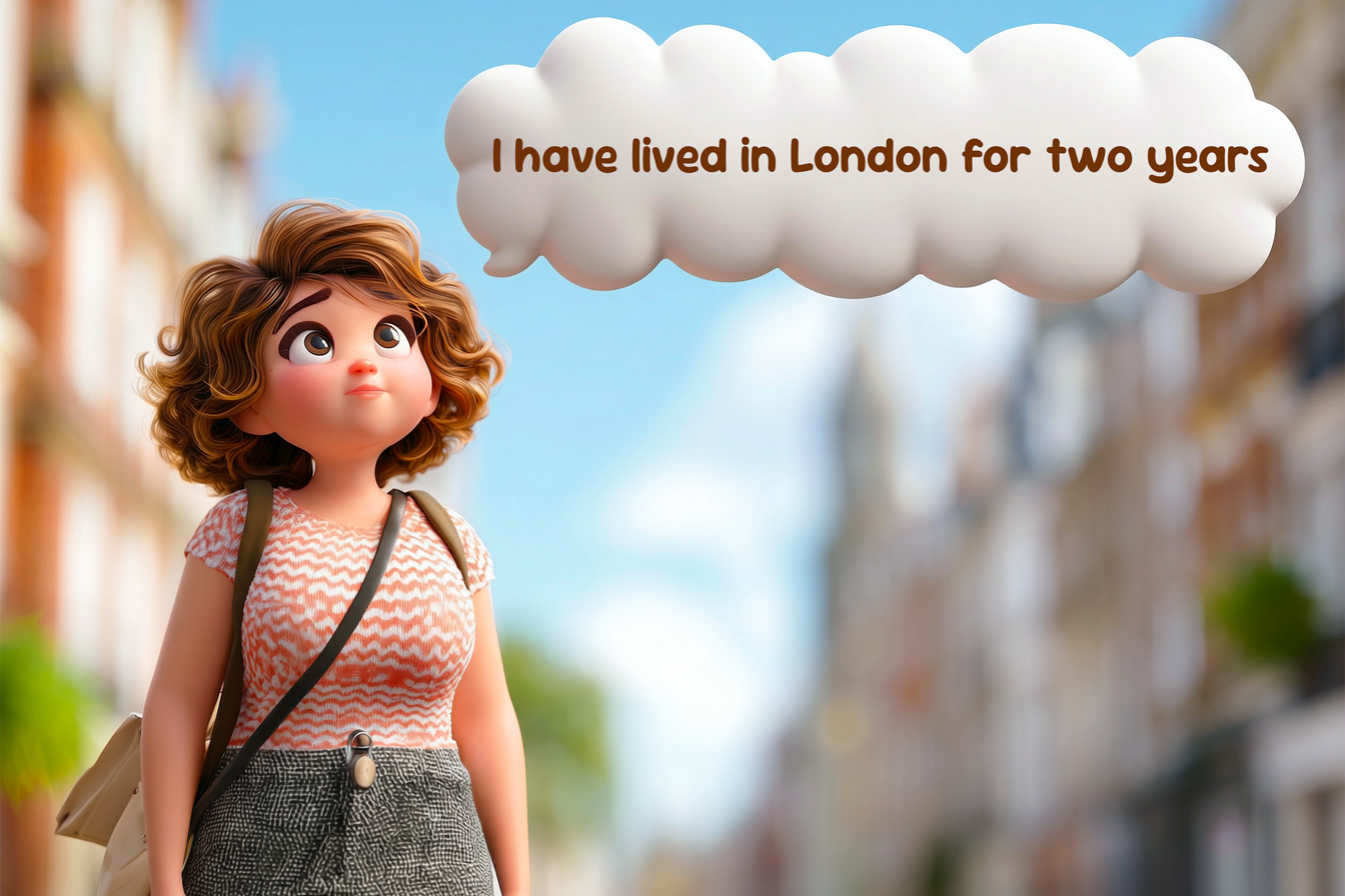 Una ragazza cammina per le vie di Londra dicendo: I have lived in London for two years