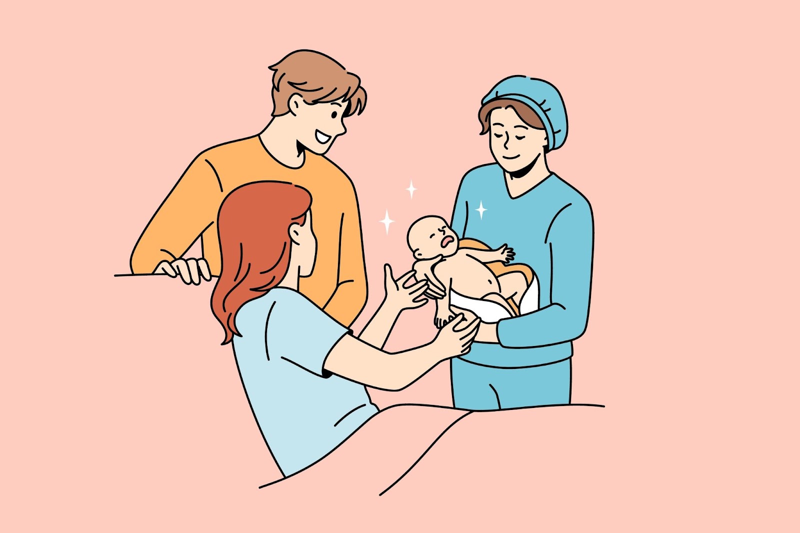 Parto e concetto di genitorialità. Giovane madre felice sdraiata a letto che prende il suo bambino appena nato dall'infermiera con padre sorridente in piedi nelle vicinanze, illustrazione