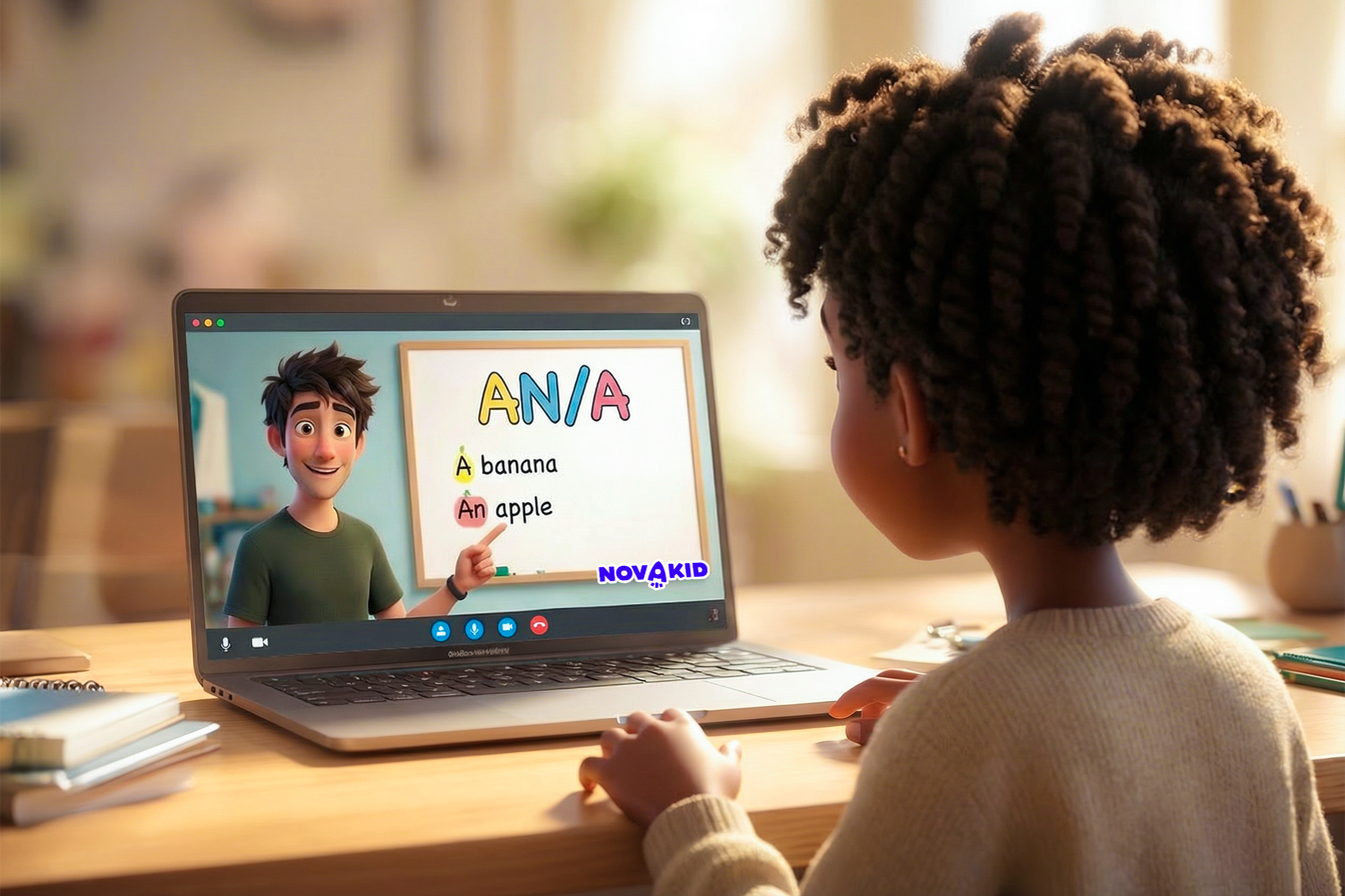 Una bambina di circa 10 anni sta studiando gli articoli indeterminativi in inglese con una maestra Novakid
