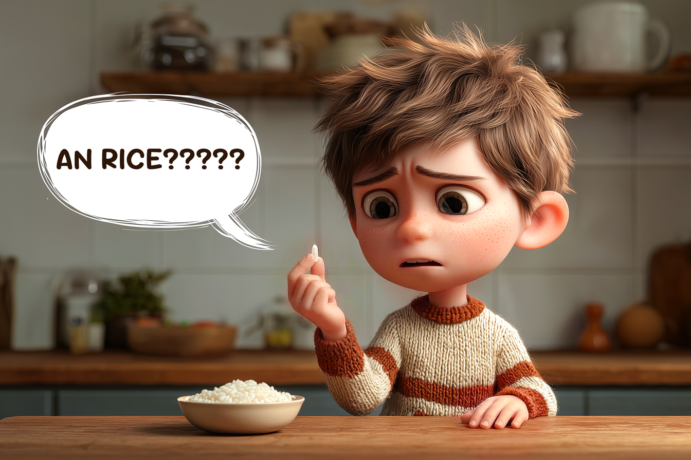 Un bambino tiene in mano un solo chicco di riso e dice con espressione molto perplessa: AN RICE????? (illustrazione che spiega che gli indeterminativi non si usano con gli uncountable )