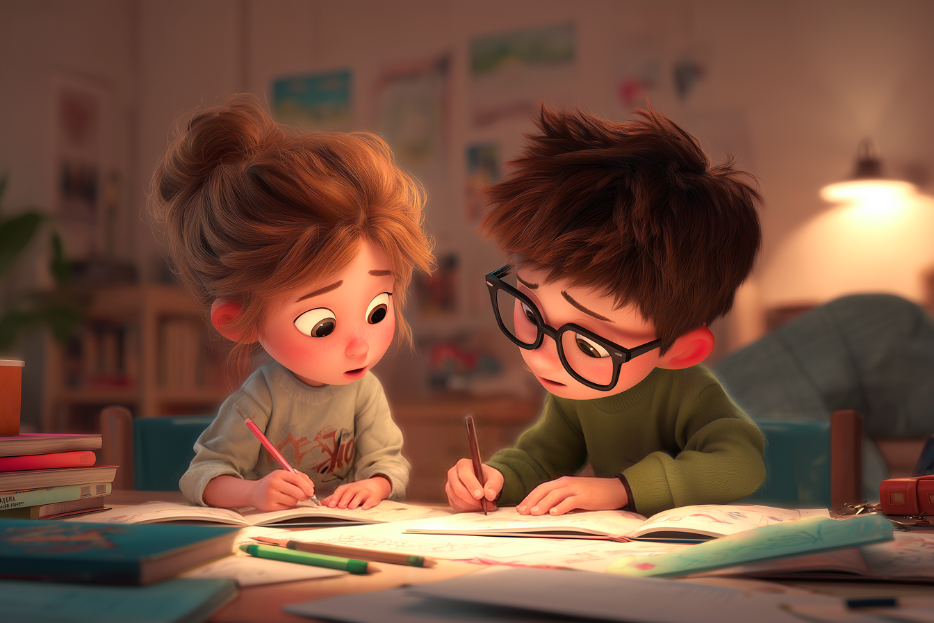 Due bambini di circa 6 anni stanno facendo i compiti sulle differenze fra A e AN in inglese