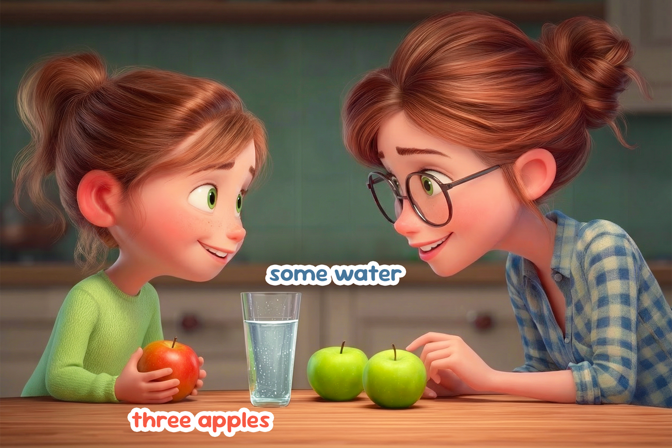 Una mamma spiega la differenza tra nomi numerabili e non numerabili a sua figlia, indicando tre mele e un bicchiere di acqua sul tavolo. Three apples, some water