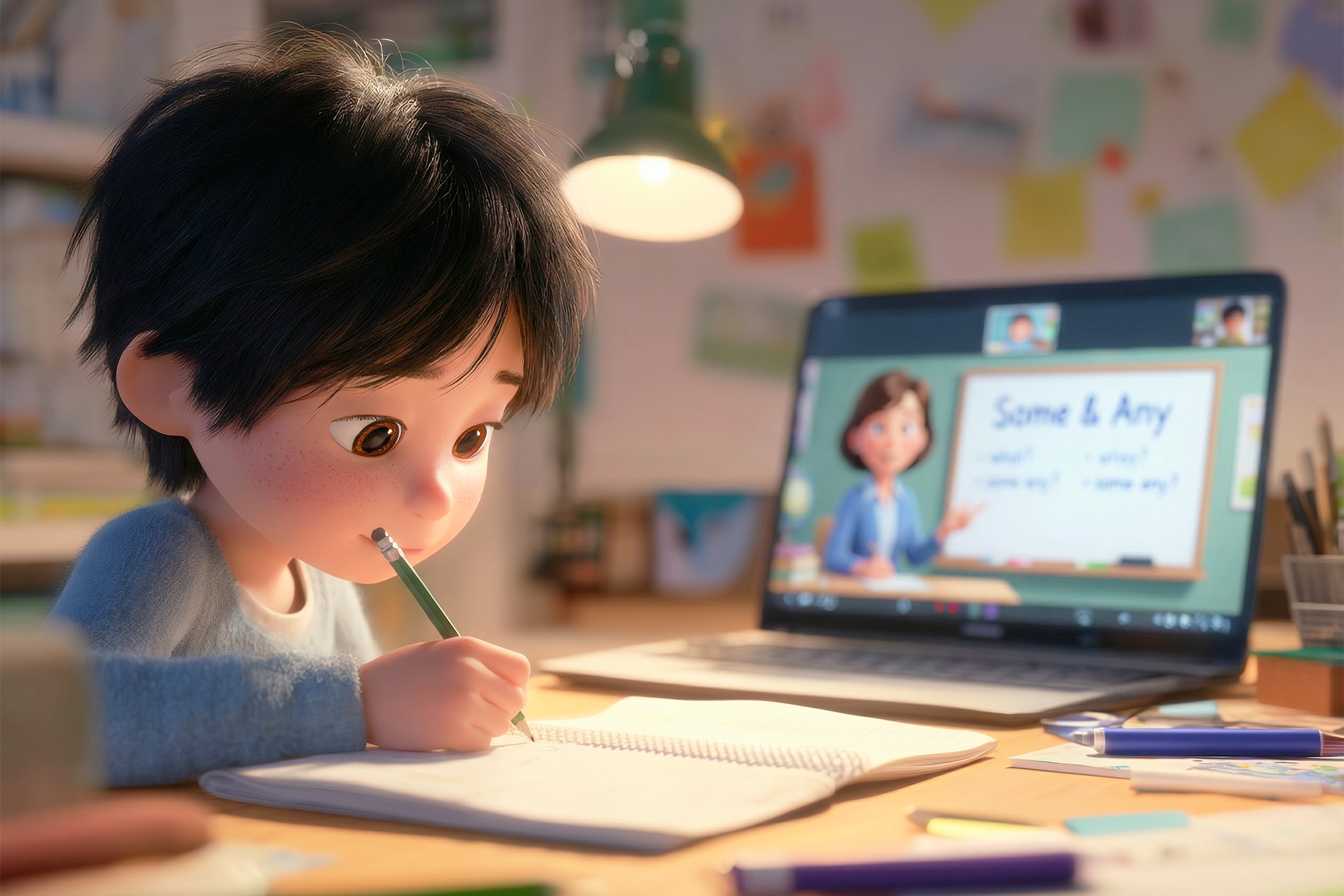 Un bimbo sta facendo lezione con un'insegnante Novakid sulla differenza tra some e any.