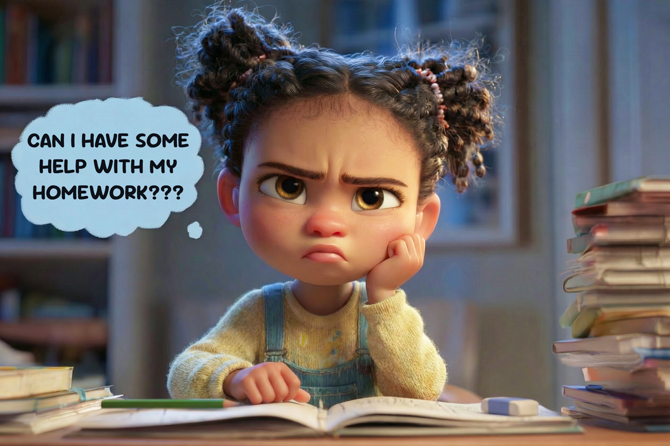 Una bambina sta facendo i compiti a casa di inglese. Sembra davvero Disperata e grida: CAN I HAVE SOME HELP WITH MY HOMEWORK???