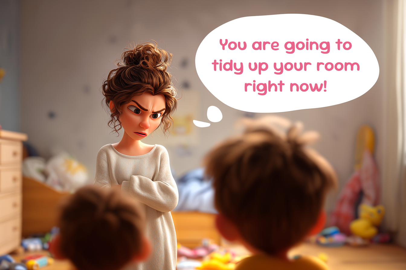 Una mamma è molto arrabbiata e dice ai suoi due figli: You are going to tidy up your room right now!
