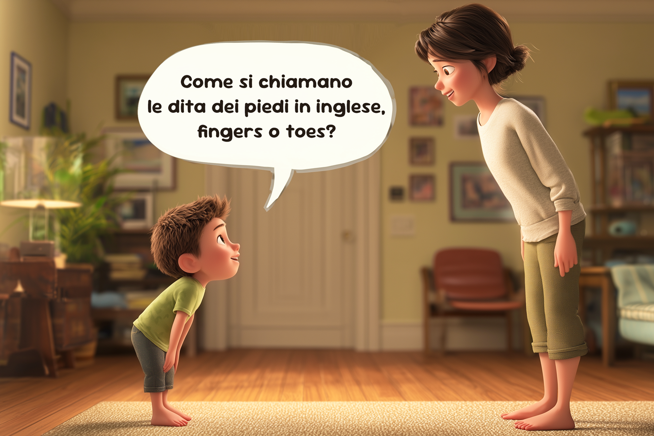 Vediamo un bambino di circa 6 anni che chiede alla sua mamma: Come si chiamano le dita dei piedi in inglese, fingers o toes?