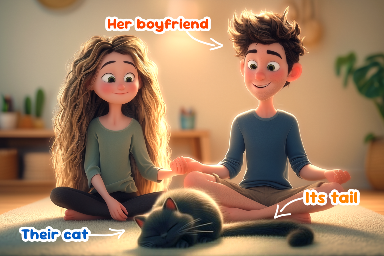 na ragazza di circa 20 anni tiene per mano un ragazzo, davanti a loro, sul tappeto, dorme un bel gatto con una grande coda. All'interno dell'immagine leggiamo: Her boyfriend ( con freccia che indica il ragazzo) . Their cat (con freccia che indica il gatto). Its tail (con freccia che indica la coda). Esempio di aggettivi possessivi in inglese