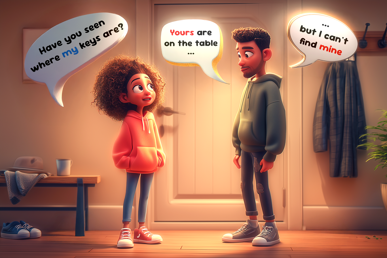 Illustrazione di questo dialogo, che si svolge in casa, fra due amici: Jane - Have you seen where my keys are? Tom - Yours are on the table, but I can't find mine. Differenza fra aggettivi e pronomi possessivi in inglese