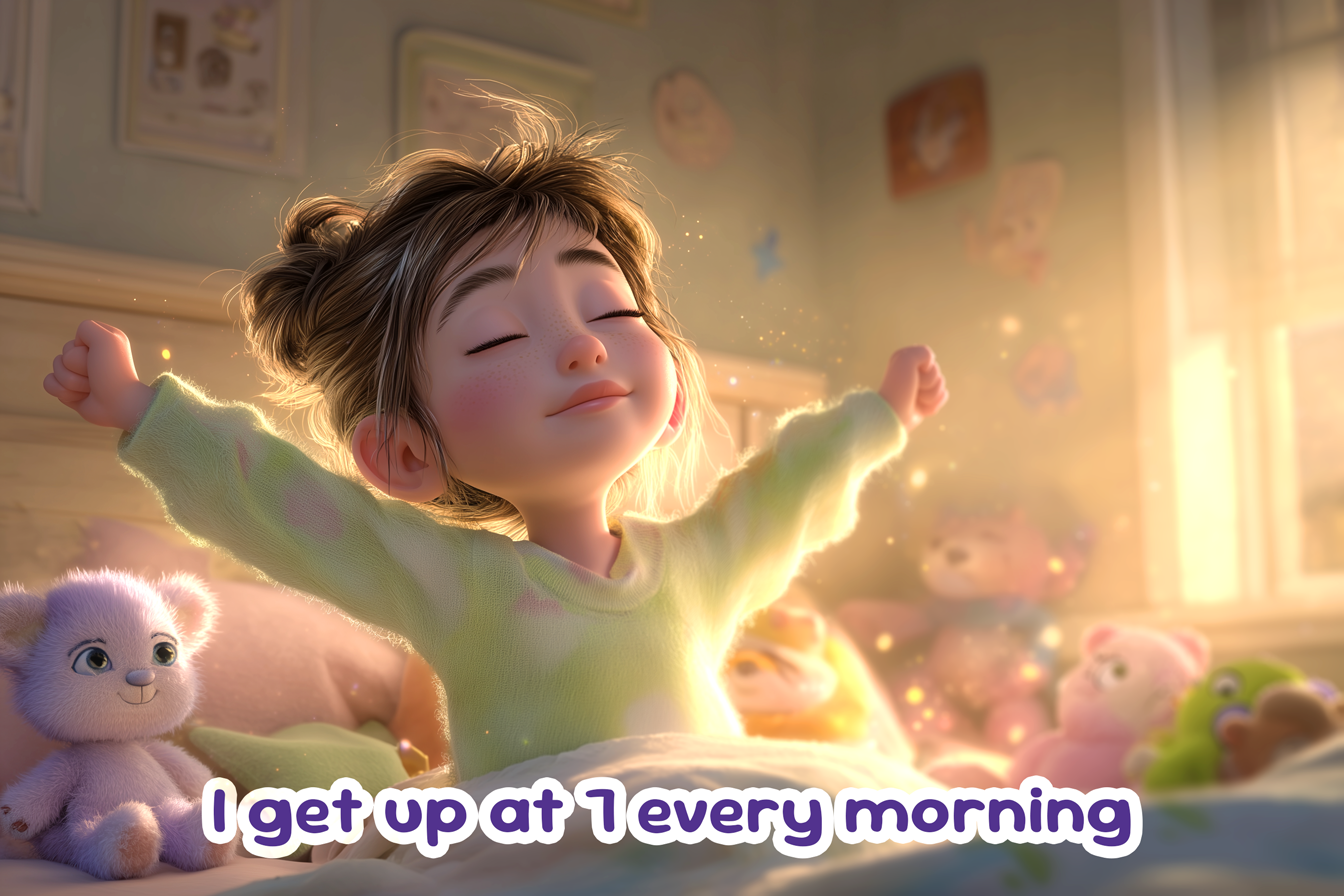 Illustrazione della frase: I get up at 7 every morning (bambina che si stiracchia sul letto, mentre un raggio di sole entra dalla finestra)