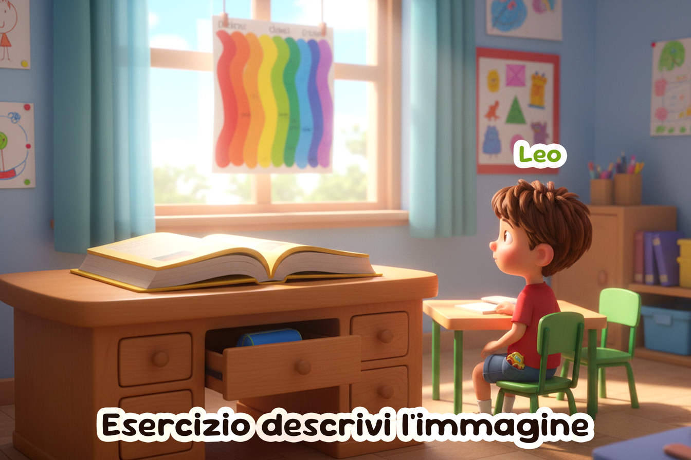 Esercizio descrivi l'immagine: We are in a bright classroom. The teacher's big yellow book is lying on the wooden desk. In the desk drawer, there is a small blue pencil case. Leo is sitting on his little chair at the table. He keeps his favourite toy car in his pocket. A poster showing all the colours is hanging in the window. Leo is looking at a picture on the wall.