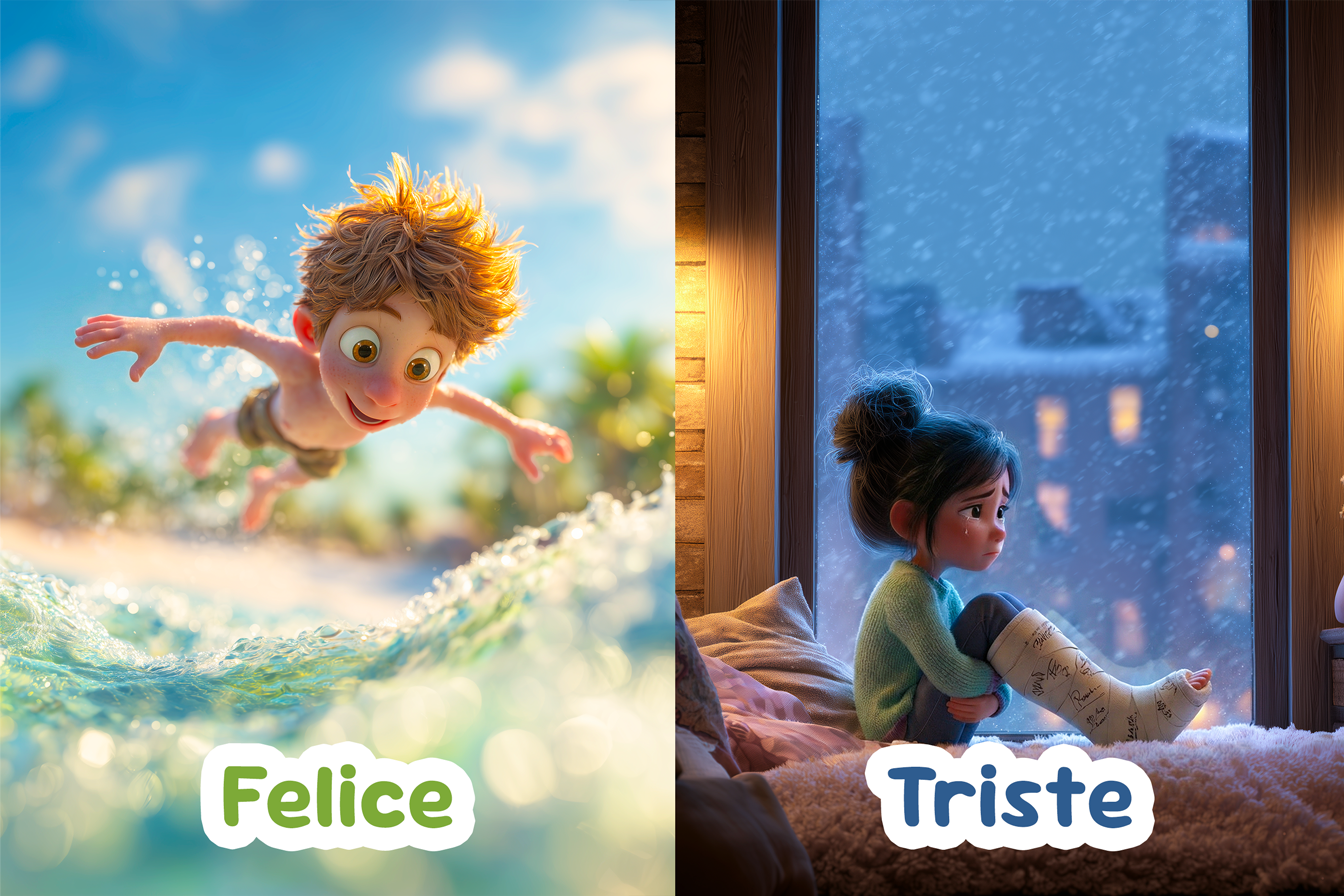 Immagine è divisa in due. A sinistra si vede la differenza fra caldo (al mare d'estate) e freddo (sotto una tempesta di neve). A destra si vede la differenza fra felice (un bambino che si tuffa in mare) e triste (una bambina con un vistoso gesso alla gamba che le impedisce di uscire) Immagine che usa i sinonimi e contrari più comuni per bambini della primaria: caldo freddo, felice e triste.
