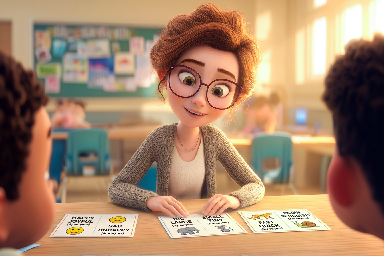Una maestra fa giocare i suoi allievi con le flashcard per imparare i sinonimi e contrari scuola primaria