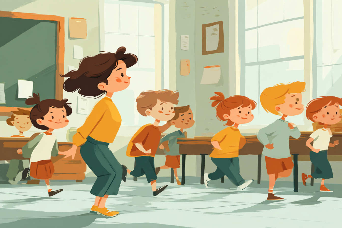 Vediamo una classe in cui la maestra è una bambina e tutti i bambini invece di studiare giocano, corrono, ridono. Illustrazione della frase al second conditional: If I were the teacher, I would let the children play all day long