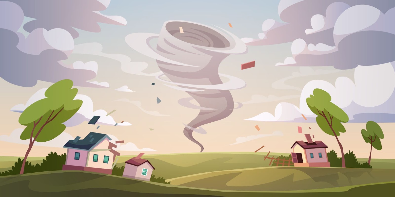 Catastrofe da tornado. Disastro naturale con uragano, illustrazione