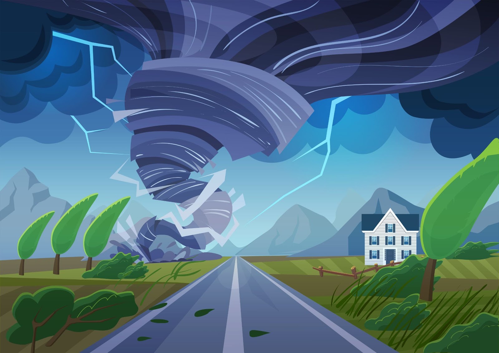 Tornado torcente sulla strada che distrugge ledificio civile, disastro naturale nell'illustrazione vettoriale del campo