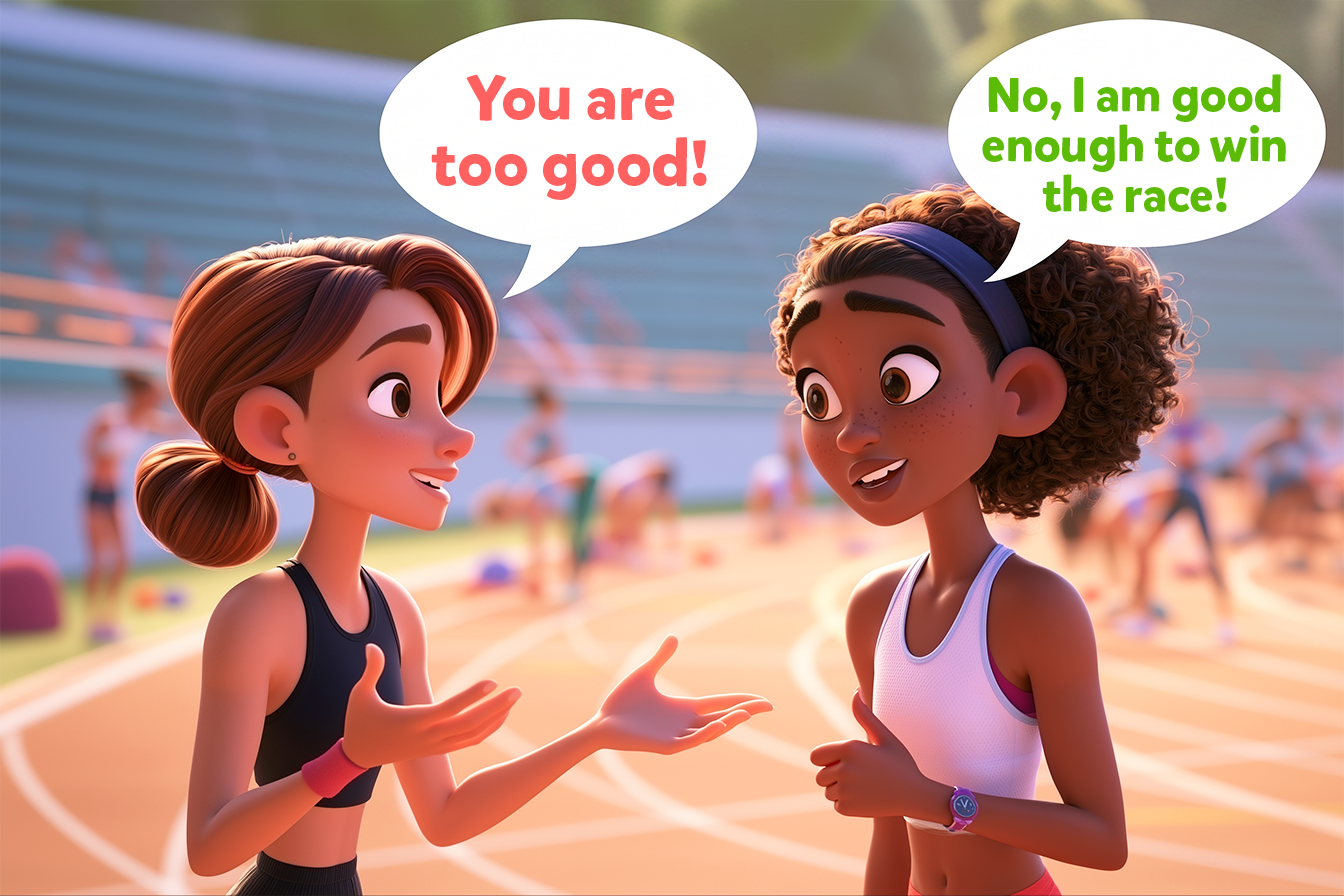 In una pista di atletica una bambina dice all'altra: you are too good! L'altra la guarda con espressione stupita e risponde: No, I am good enough to win the race!