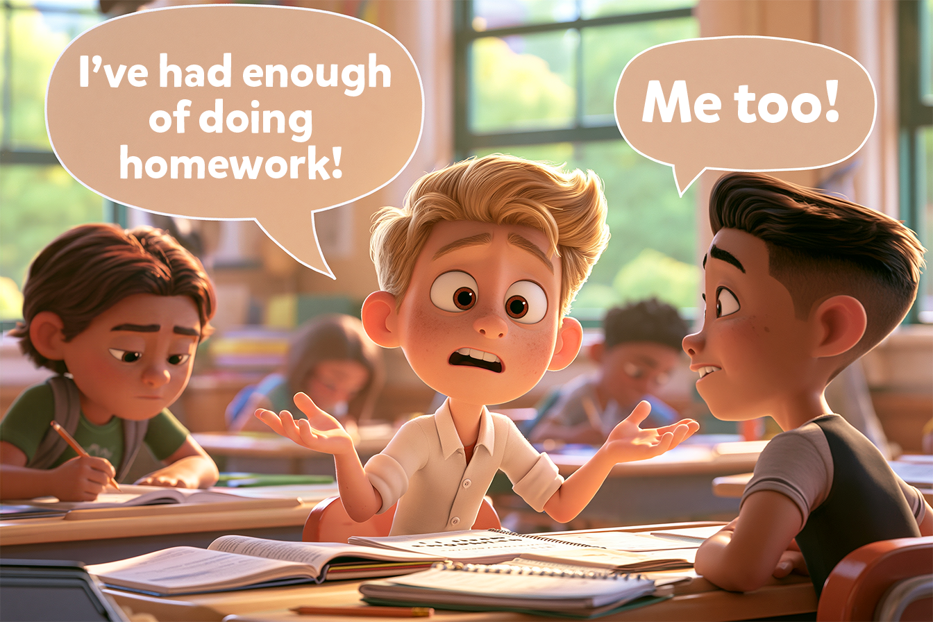 vediamo un bambino esasperato al suo banco che grida: I’ve had enough of doing homework! e un suo amico risponde: Me too!