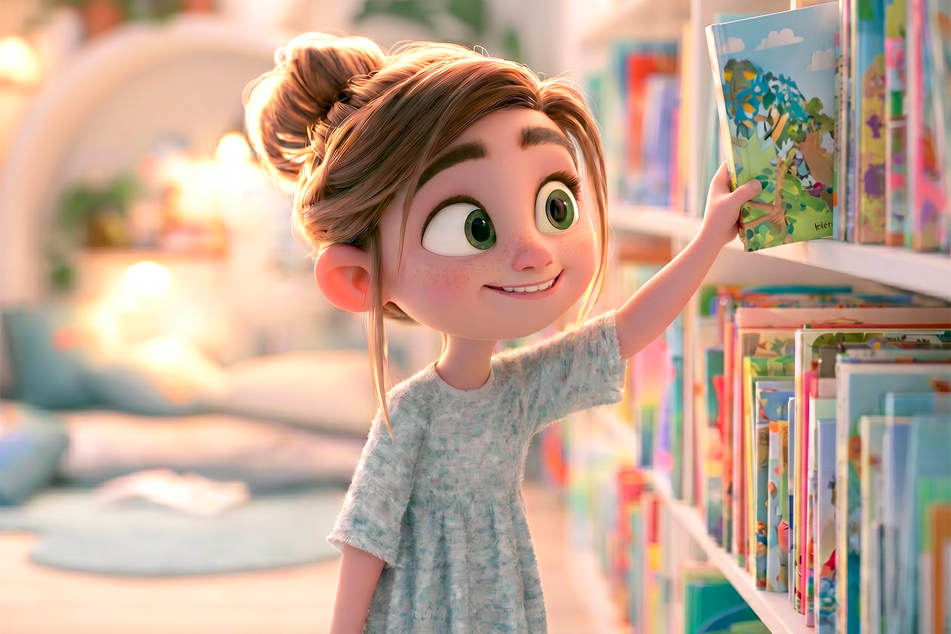 bambina scglie un libro da uno scaffale