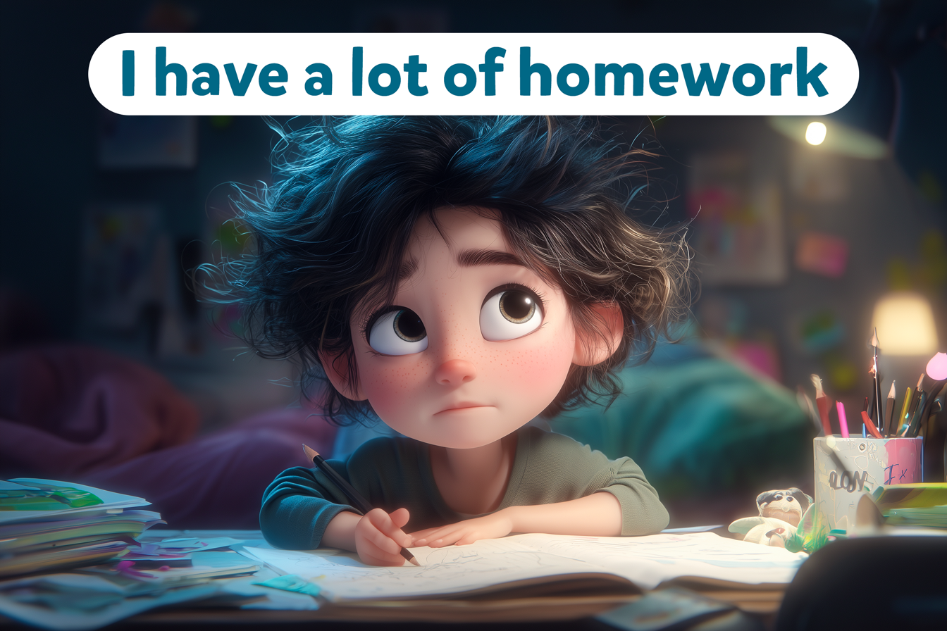 bambino studia frase “I have a lot of homework”