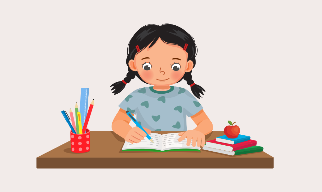 bambina scrive seduta alla scrivania