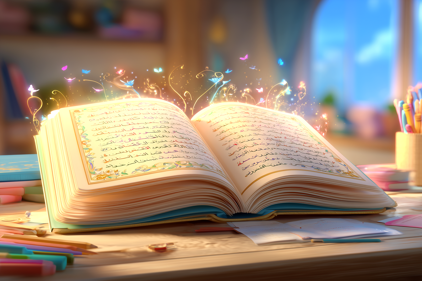 Immagine cartoon di un libro in arabo, aperto. L'arabo è forse la lingua più difficile al mondo