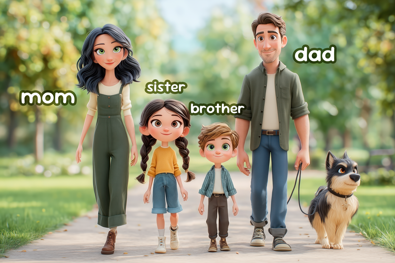 Immagine della famiglia tradizionale: mamma papà e due figli: una femmina più grande e un maschietto più piccolo (mom, dad, sister, brother sono i nomi della famiglia in inglese - immediate family)