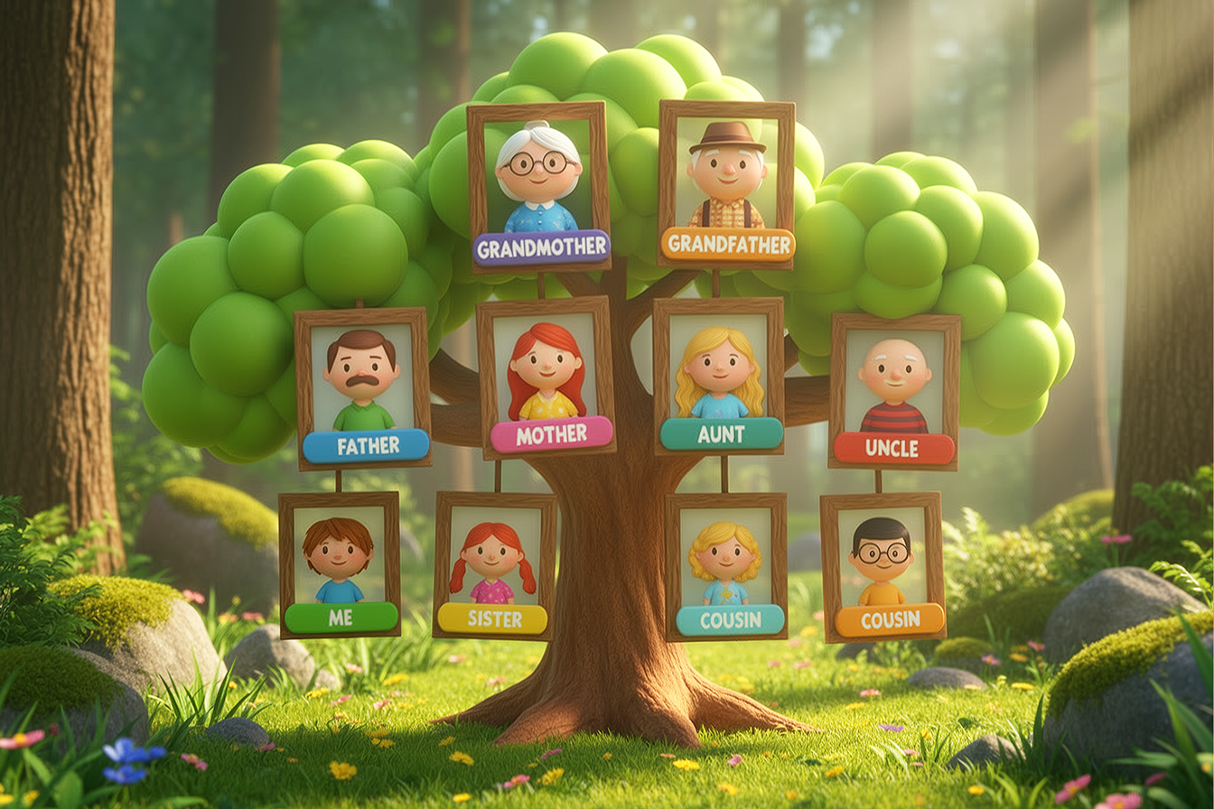 albero genealogico per spiegare i nomi principali della famiglia in inglese