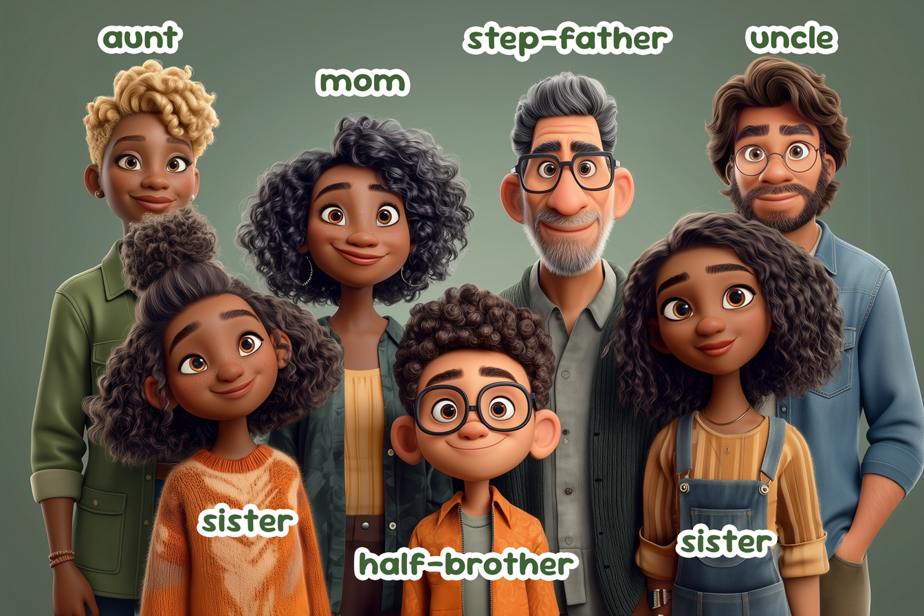 Ritratto di famiglia contemporanea in cui vediamo una donna (mum), un uomo (step-father), due sorelle (sister), un ragazzino (half-brother) e due altri adulti (aunt and uncle).