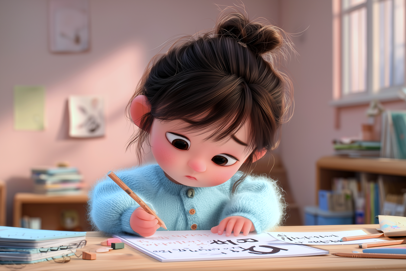 Una bambina coreana sta esercitandosi con l'alfabeto. Ha l'aria concentrata e attenta, perché il coreano è una delle lingue più difficili al mondo